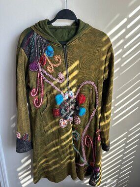 Patchwork Hooded Duster Jacket in Olive Green